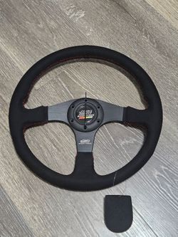 Brand New 14" MUGEN Style Racing Black Stitching Leather Suede Sport Steering Wheel w Horn Button