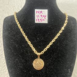 14K Yellow Gold Chain and Pendant For Wedding 11.7Gr 17.5 Inches Long 