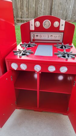 Pottery Barn kids Retro red kitchen set- includes refrigerator, sink, oven  and 4 stainless steel PBK small kitchen appliances. for Sale in Olathe, KS  - OfferUp