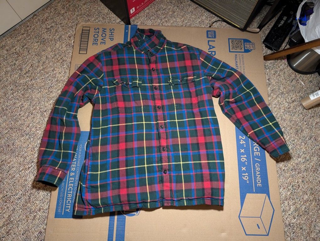 LL Bean Shirt Mens Large L Green Red Fleece Lined Flannel Jacket Shacket Outdoor
