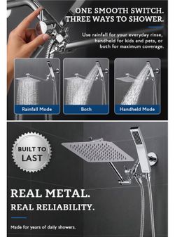 8 Inch Dual Square Shower Head with Handheld Spray Combo, Rain Shower Head,