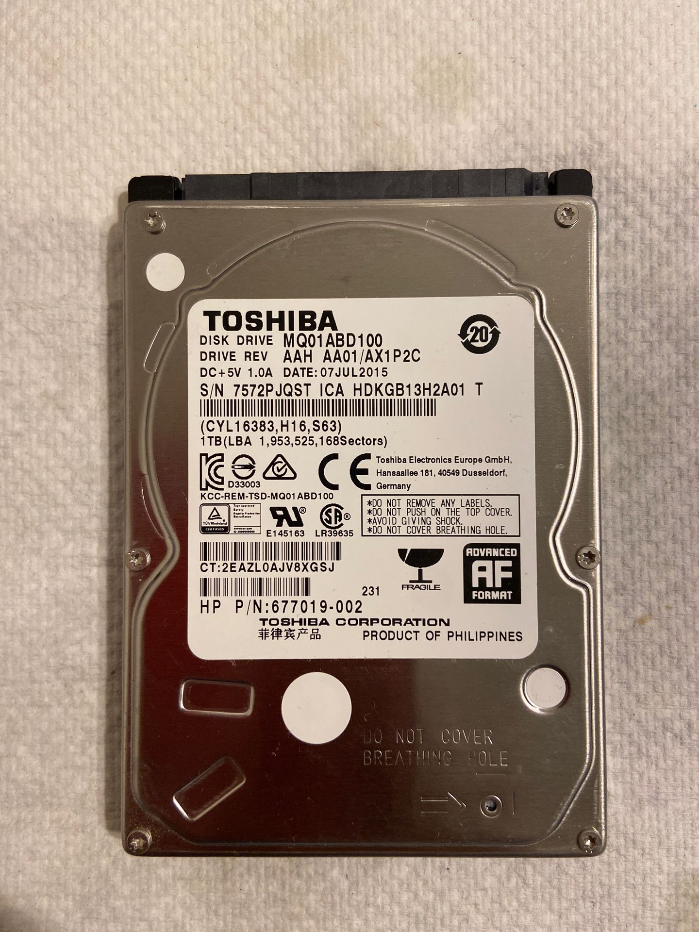 Toshiba AF 1TB 2.5” Laptops hard drive