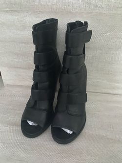DKNY Black Leather Open-Toe Strappy Heeled Boots