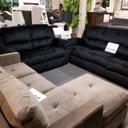 Brand New Black Padded Suede Manual Reclining Sofa + Loveseat 2PCs Set