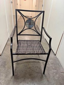 Pair of Metal Patio Armchairs — Woven Seats, Mosaic Medallion Backs