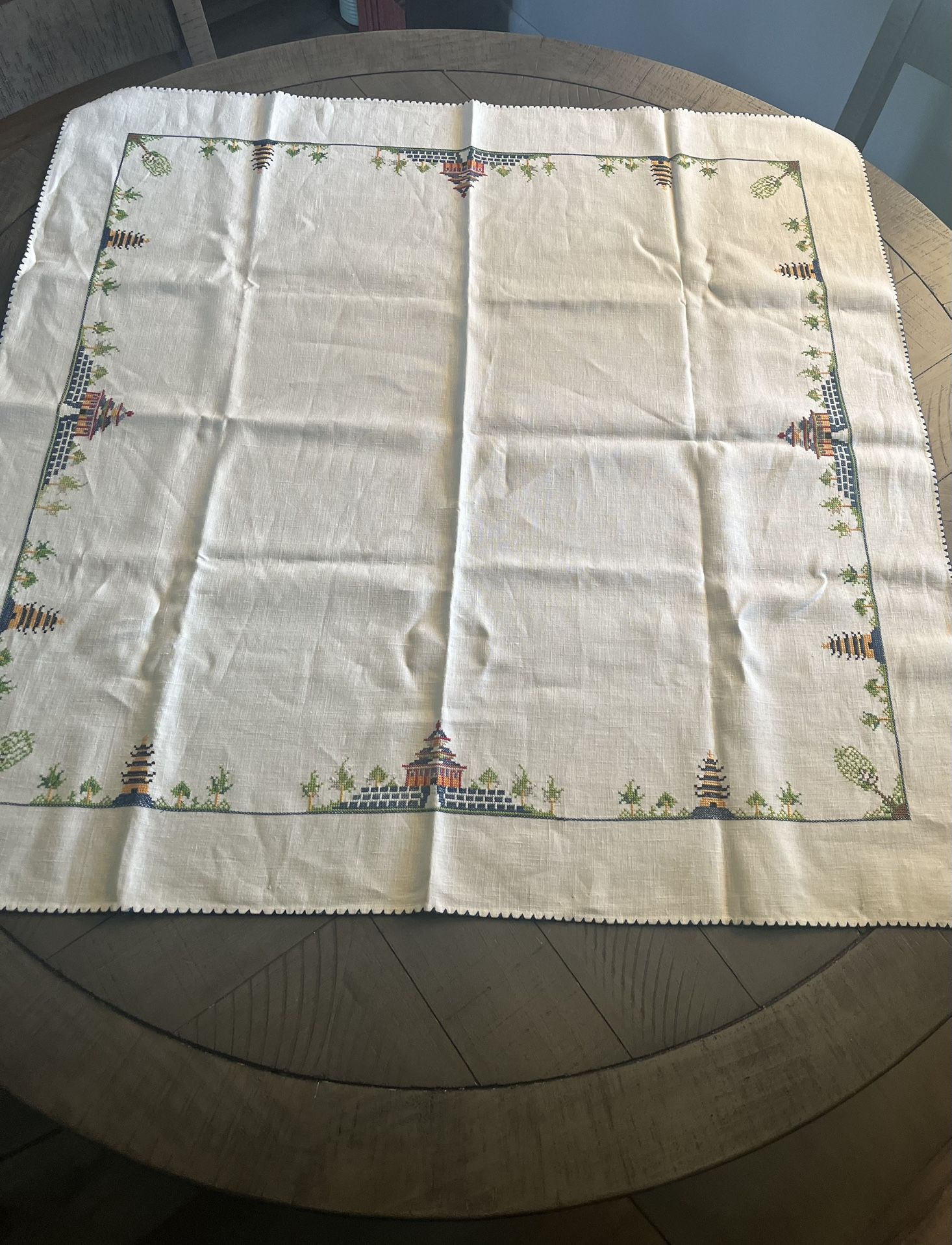 Vintage Linen? Cross Stitch Pagoda Trees Tablecloth Asian Oriental
