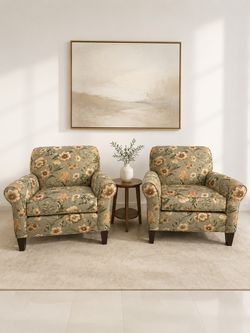 Pair of Ethan Allen Floral Roll-Arm Chairs – Excellent Condition