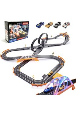Slot Car Race Track Set for Kids – 28ft Electric Race Car Track with 4 Slot Cars, Dual Racing Tracks, Lap Counter & LED Overpass, Car Track Toy Gift f