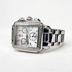 Michele Diamond Deco Chronograph Diamond Bezel Band MOP Dial Watch