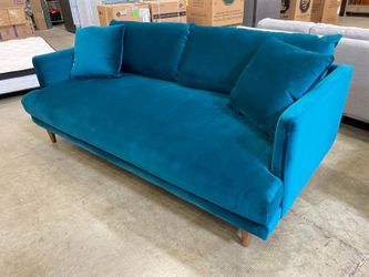 JOYBIRD Lewis Modern Track Arm Sofa in Royal Peacock Stain Resistant Velvet