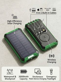 20000mAh Portable Solar Charger with Built-In Cables & Wireless Charging Board