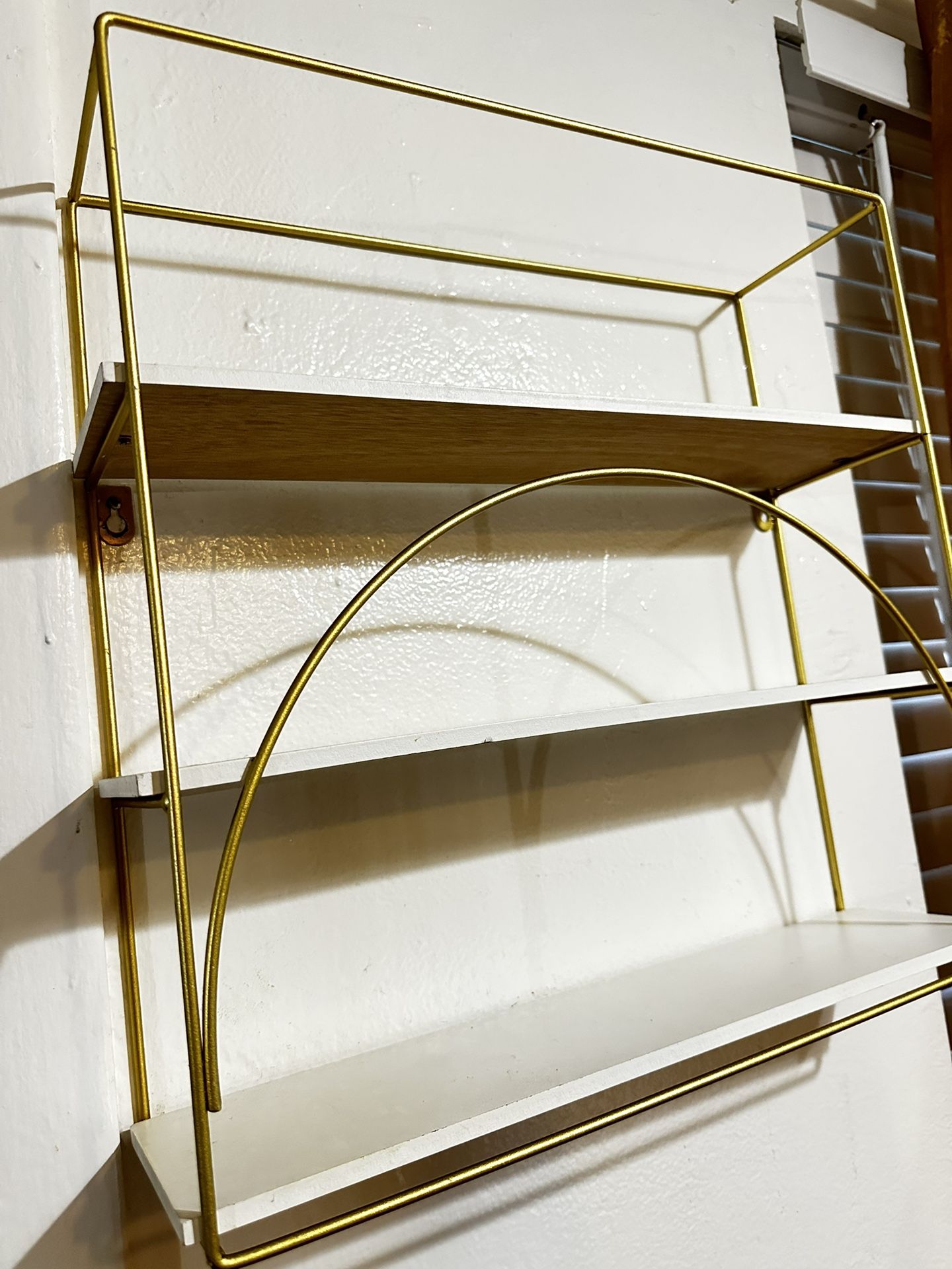 Floating 3 Tier Wall Shelf, White Wood Shelf, Metal is Gold Finished