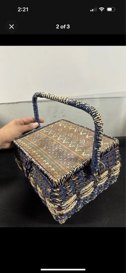 Vintage Wood Wicker Sewing Basket Lined Footed with Handle Made In Japan