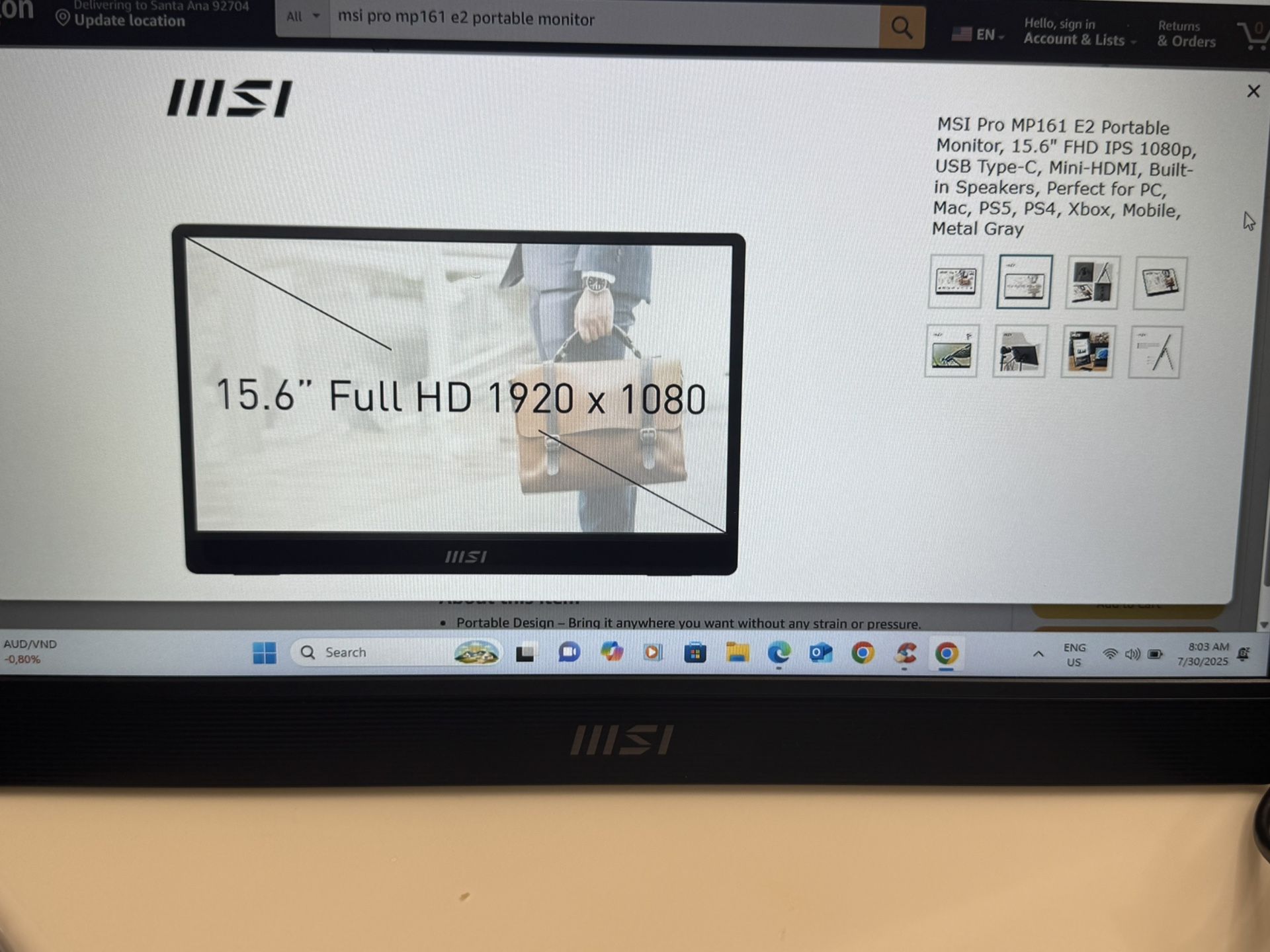 MSI Pro MP161 E2 Portable Monitor 15.6