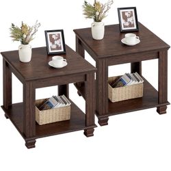 Farmhouse End Table Set of 2,Large Side Table with 2-Tier Storage Shelf,Rustic Brown End Tables for Living Room,Square Tea Table,Walnut brand new in b
