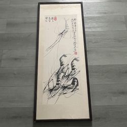 LARGE TRADITIONAL CHINESE INK SHRIMP PAINTING — HAND PAINTED SCROLL — FRAMED — 47” x 18.25”