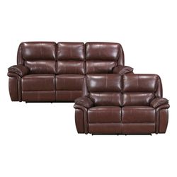 Brand New Brown Top Grain Real Leather Manual Reclining Sofa + Loveseat 2PCs Set