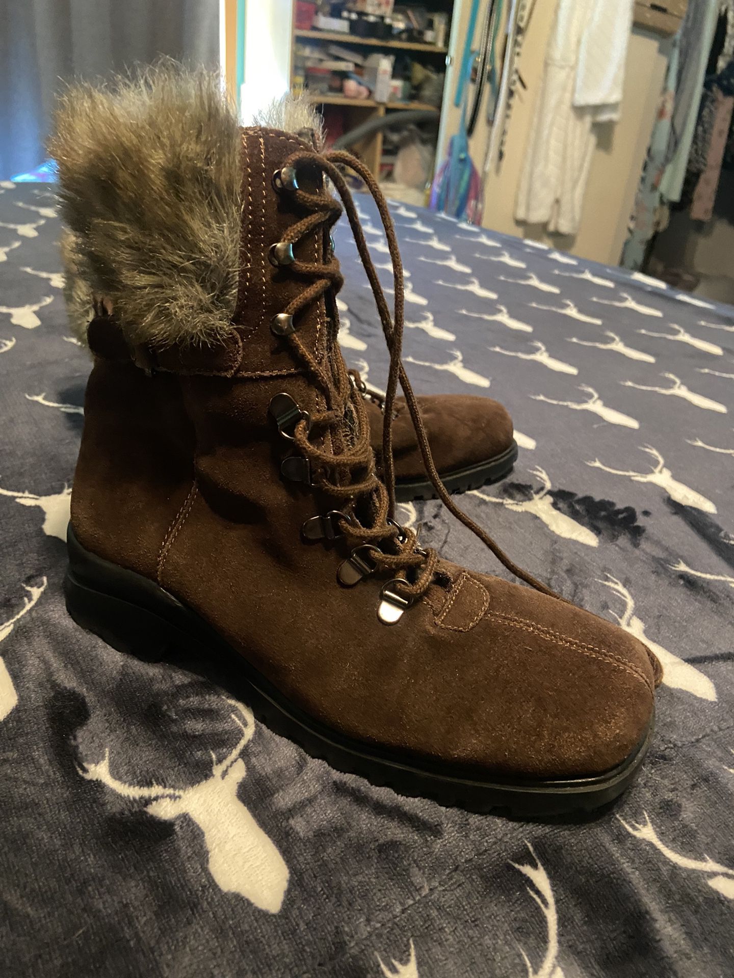 Fastion Bug Fux Fur Top Brown Hiking Boots Sz 6.5