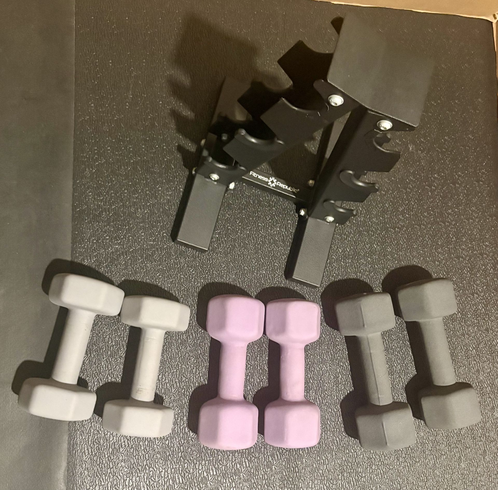 Cast Iron Neoprene Coat ...Set of Dumbbells with Rack; pairs of  12s, 15s and 17.5 lbs. 