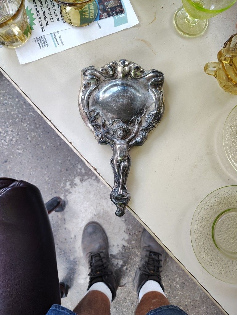 Antique Art Silver Plated Hand Mirror