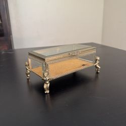 Vintage Ormolu Beveled Glass Jewelry Casket Trinket Box w/ Cherub Feet & Velvet Liner
