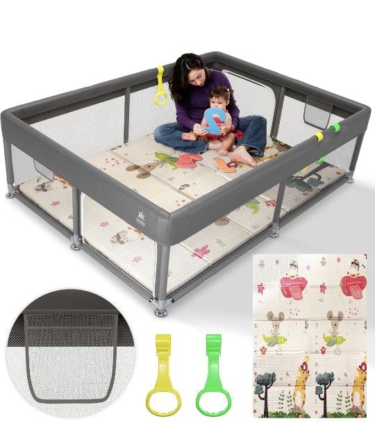 Brand New Baby Playpen with Mat Included - Durable Baby Play Yard with 2 Playpen Pull Up Rings, 2 Toy Storage Nets, and Non Slip Bottom Suction Large