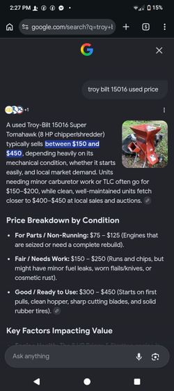 Troy-Bilt Super Tomahawk Chipper Shredder (8 HP Briggs & Stratton) - Runs Great