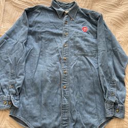 Vintage Chicago Cubs Russell Athletic Denim Shirt Mens M MLB Button Down