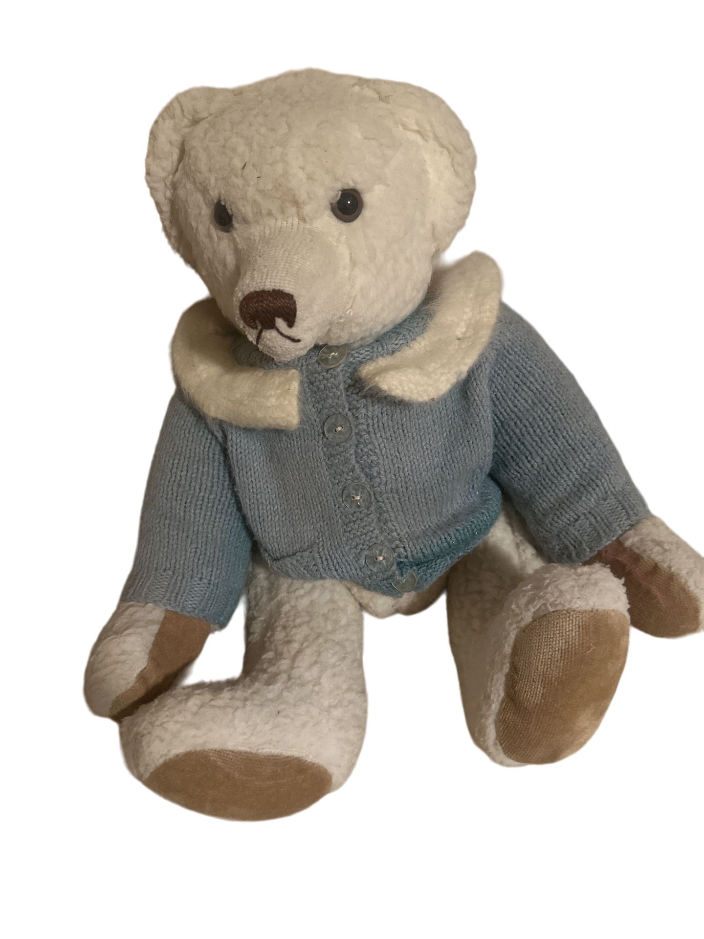 Vintage Jointed White Fur Teddy Bear Plush with Blue Sweater. In vintage well-loved condition. Some light discolor and a smudge on foot. About 16" siz
