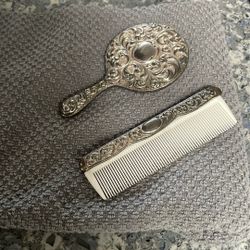 Hand Mirror - Comb Silver Plated With an Ornate Embossed Floral Design