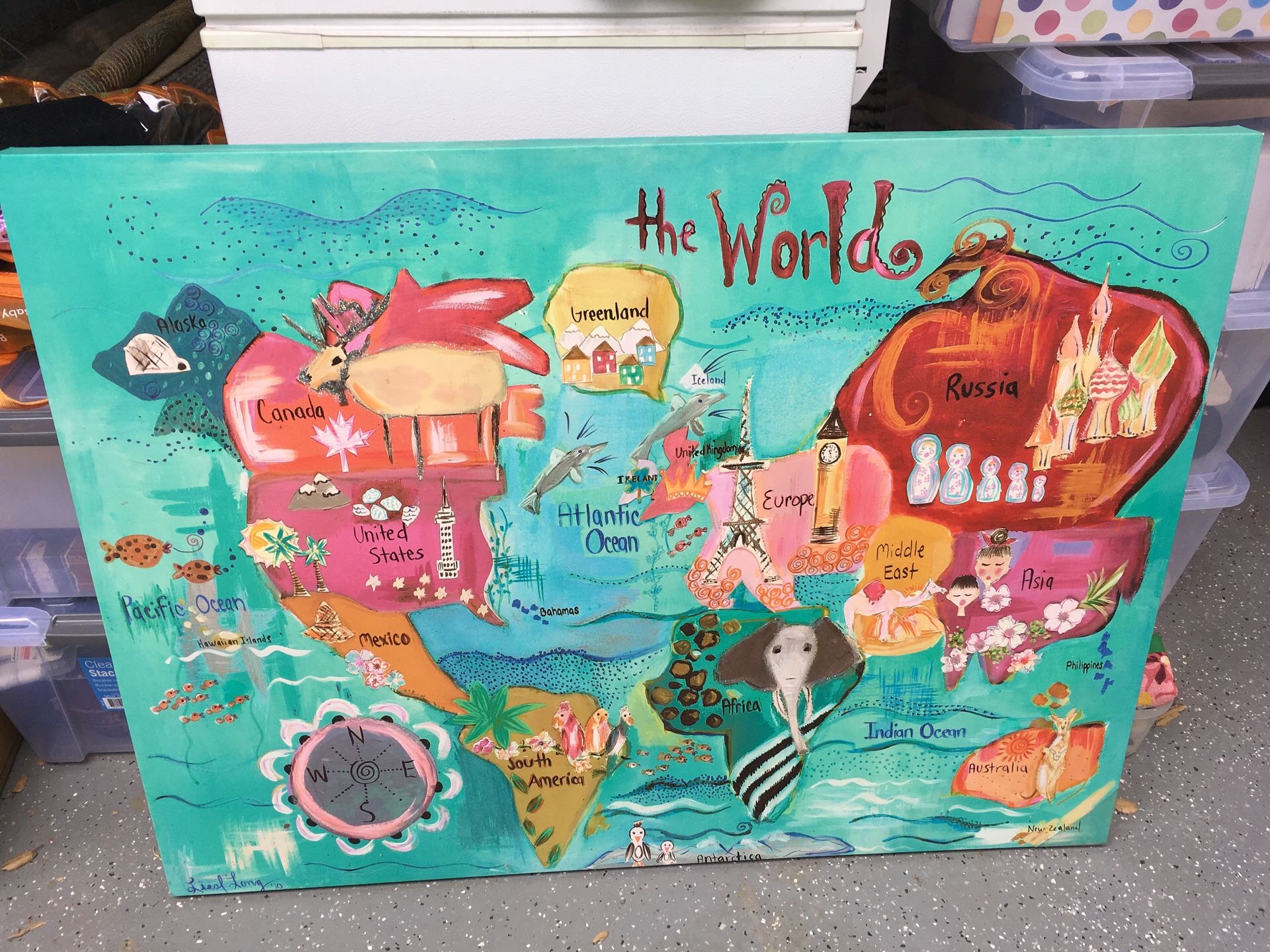 Large Art print, kids style world map painting, Liesl Long 2010