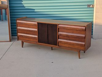 Vintage Mid Century Modern Walnut 9 Drawer Lowboy 'First Edition' Dresser by Lane,  c1960s 