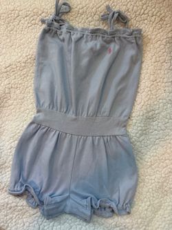 Ralph Lauren Baby Girl Romper 12M Light Blue Pique Bubble Shorts Tie Straps NWT