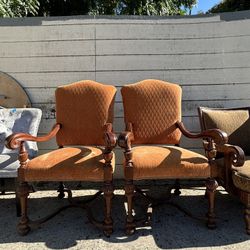 Pair Of Vintage Carved Wood Armchairs 