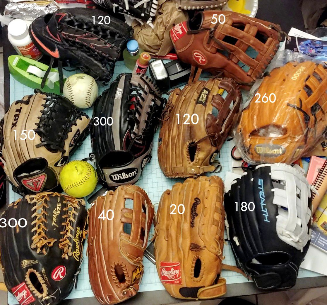 PRICES Marked on each Baseball and softball gloves OUTFIELD size wilson Rawlings mizuno Easton Louisville slugger