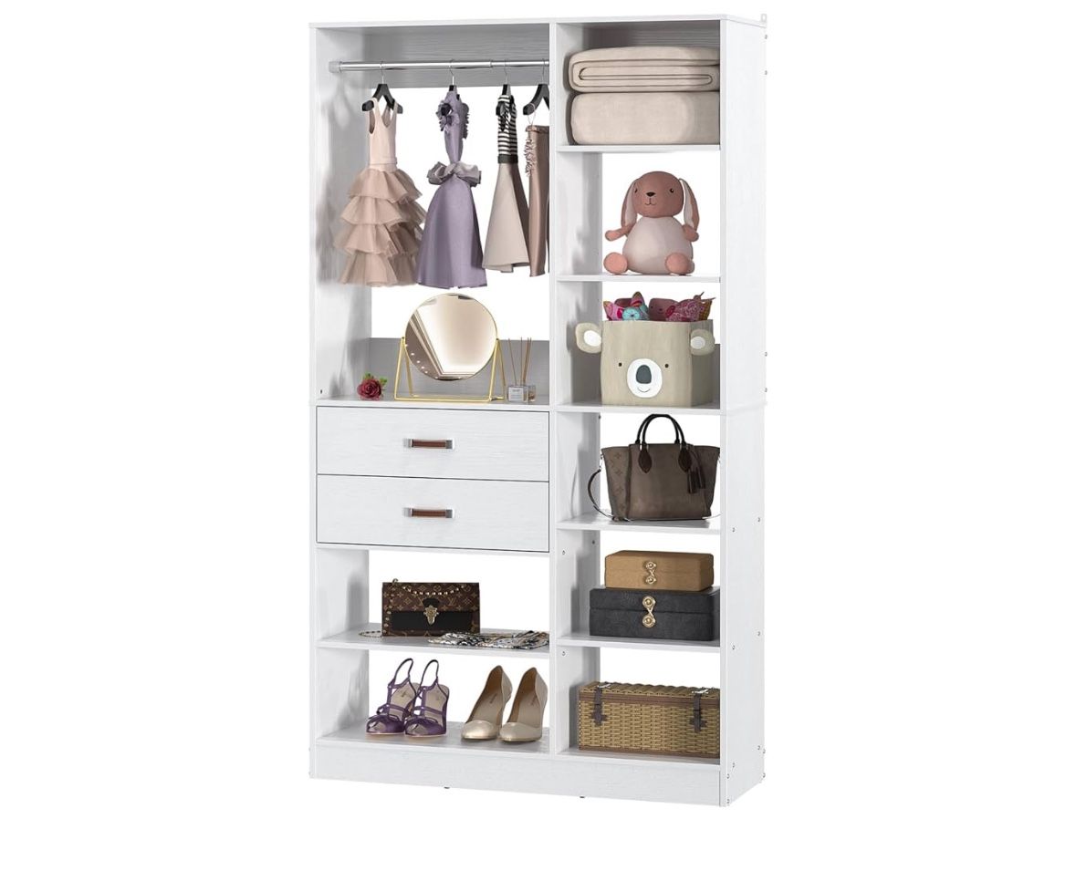 Freestanding Closet System, 40 Inches Stand-alone Wardrobe with 10 Shelves, 80'' Height Adjustable Cloth Garment Rack with 2 Wood Drawers, Wood Walk-i