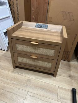 Night Stand with 2 Large Drawers : Rattan Bedside Table Farmhouse Boho Nightstands with Type-C Charging Station,