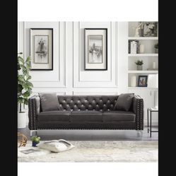 Couch,Sofa,82.3" Velvet Upholstered 3-Seater Sofa, Contemporary Style,Cushions Removable,Comes with 2 Square Throws,Living Room (Grey)