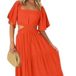 Women's 2025 Summer Cutout Maxi Dress Square Neck Short Sleeve Crossover Waist Casual Party Dresses, Orange, Size MEDIUM