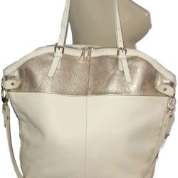 Kelsi Dagger Metallic Gold/Cream Pebbled Leather Large Satchel Shoulder Bag Mint