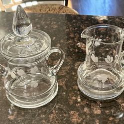 Krosno Crystal Sugar Bowl with Matching Lid and Matching Creamer w/ Etched Floral Design~Made in Poland.  Vintage !