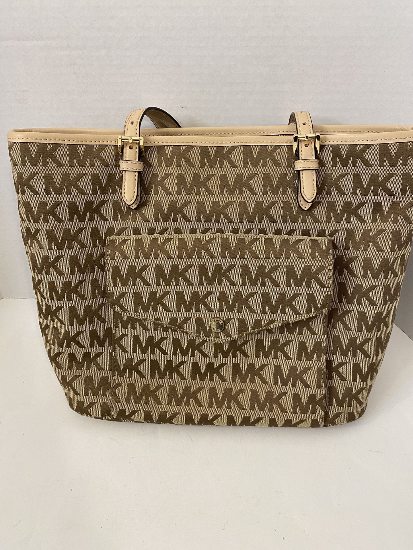 Large Michael Kors Jet Set Signature Canvas Tote Bag Purse; Brown & Tan; 38S7XTTT3J