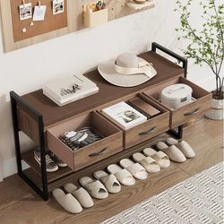 Shoe Bench, 39.4" Shoe Storage with Cushion, Industrial Rack Organizer with Fabric Drawers for Entryway, Hallway, Brown  Product Dimensions 11.8"D x 3