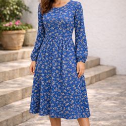 Blue Floral Long Sleeve Dress – Size M