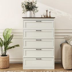 Tall Dresser with 5 Drawers - Wooden Chest of Drawer,Farmhouse Dresser for Bedroom, Storage Drawers for Bedroom, Living Room, Hallway, Entryway Organi