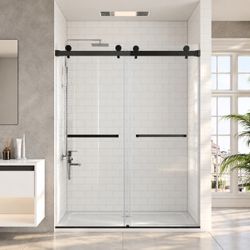 VRD- A-6076-MB,Frameless Shower Doors 56- 60" Width × 76" Height with 3/8"(10mm) Clear Tempered Glass in Matte Black Finish, Double Sliding with Side
