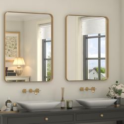 CHARMOR 2 Pack Of 22x30 Gold Bathroom Mirror, Rounded Rectangle Gold Frame Mirror, Brushed Gold Brass Bathroom Vanity Mirror Wall-Mounted, Anti-Rust, 
