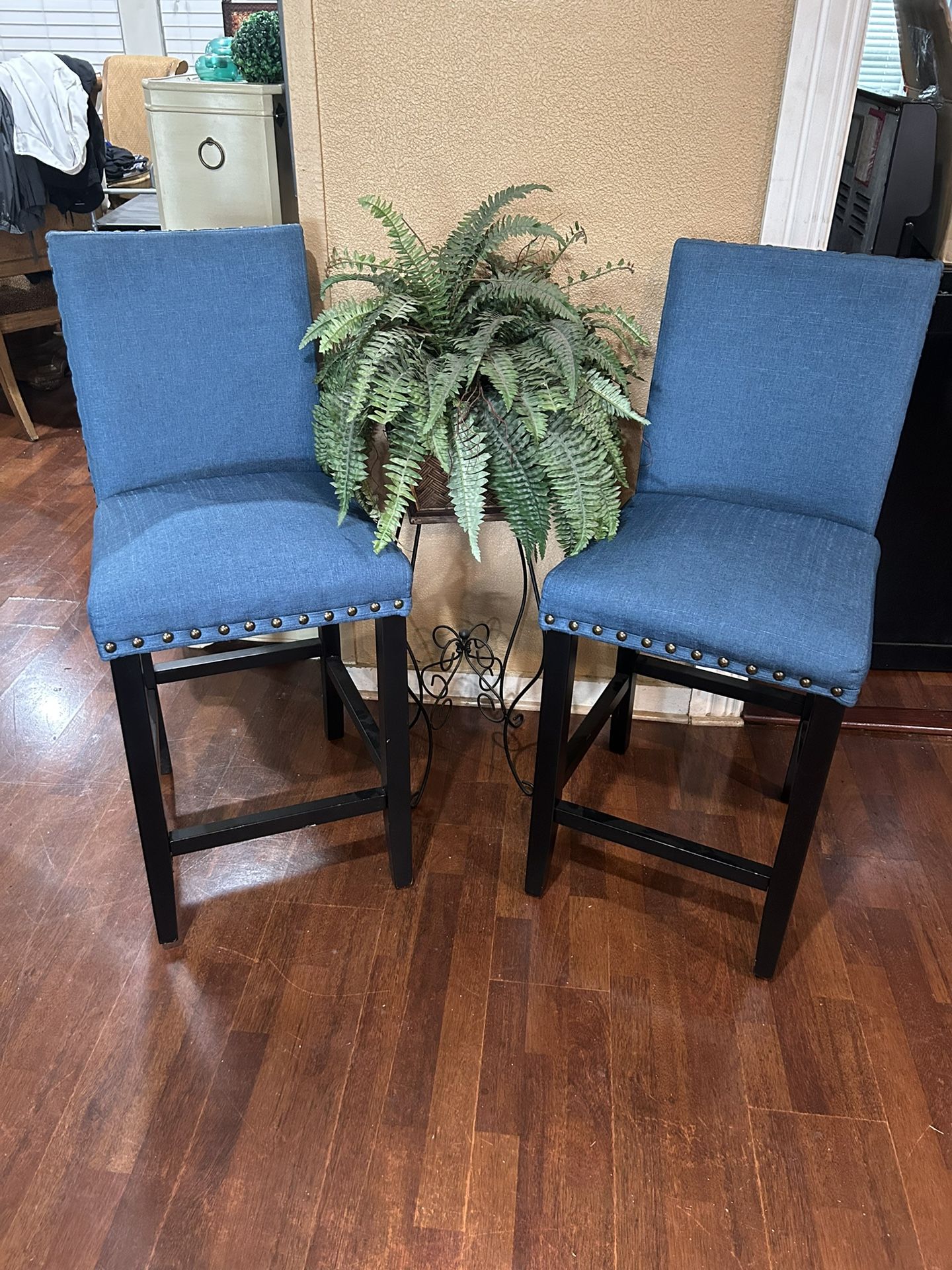 Beautiful Pair Of Turquoise Counter Height Barstools:24” Nailheads. Clean , Very Good Condition 