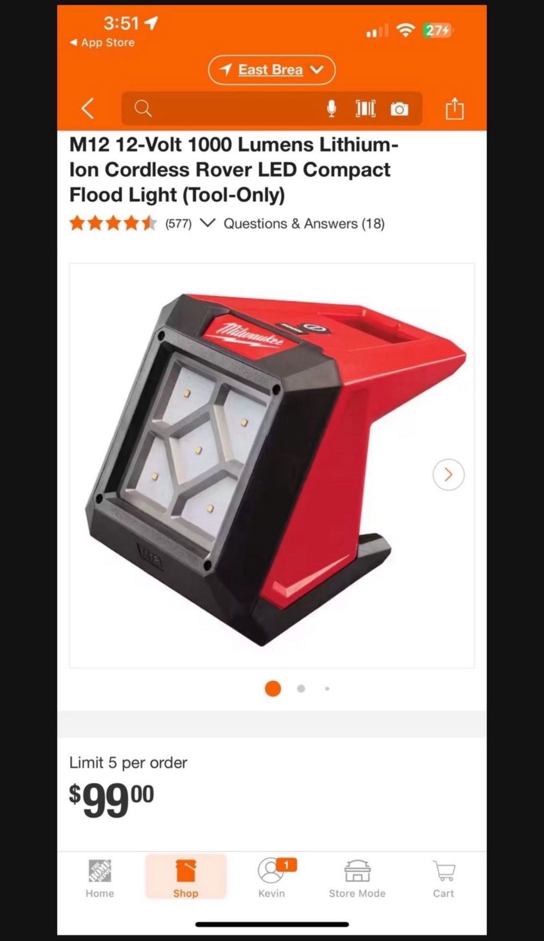 Milwaukee M12 Rover Led Flood Light $65