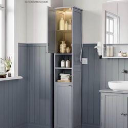 Tall Storage Cabinet with Lights, Slim Freestanding Cabinet with Adjustable Shelves, for Small Spaces, Bathroom, Living Room, Modern, 11.8